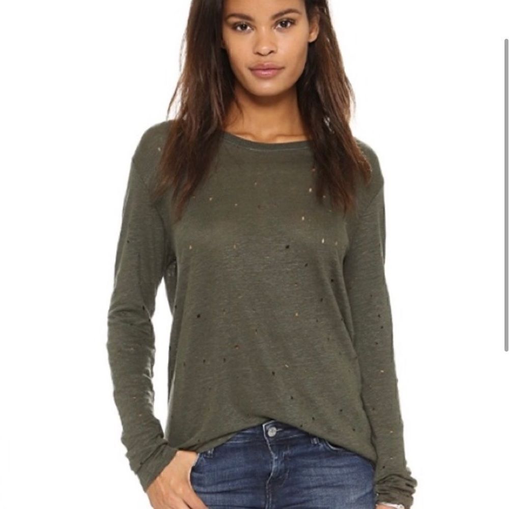 IRO Marvina Linen Distressed Long Sleeve Top Olive Green